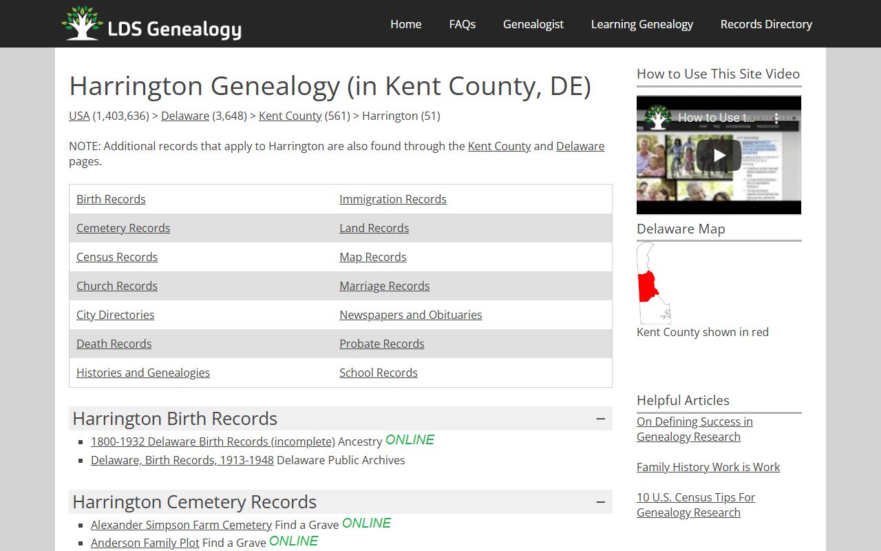 Harrington genealogy records listing at LDS genealogy resource