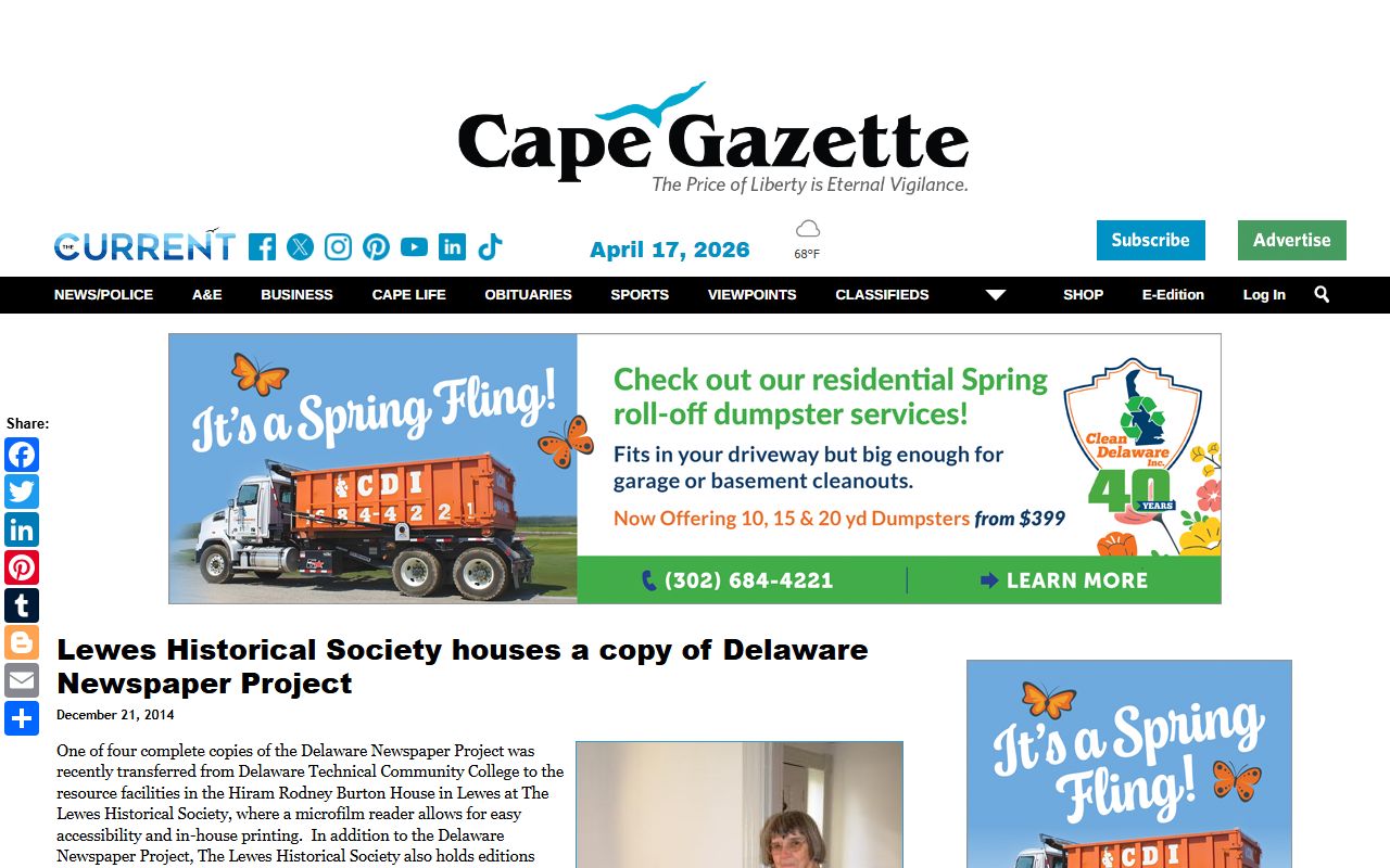 Lewes genealogy Delaware Newspaper Project at the Lewes Historical Society