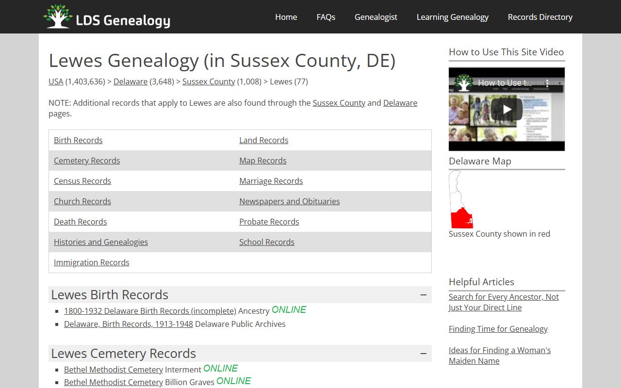 Lewes genealogy records listing at LDS genealogy resource