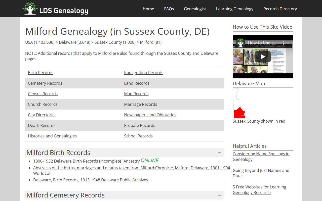 Milford Delaware genealogy records including church records newspapers and city directories