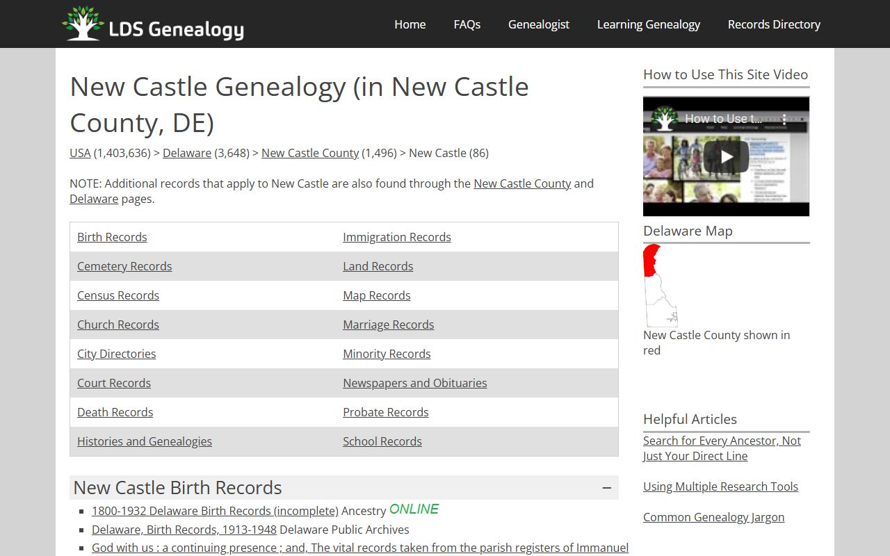 New Castle genealogy records listing at LDS genealogy resource