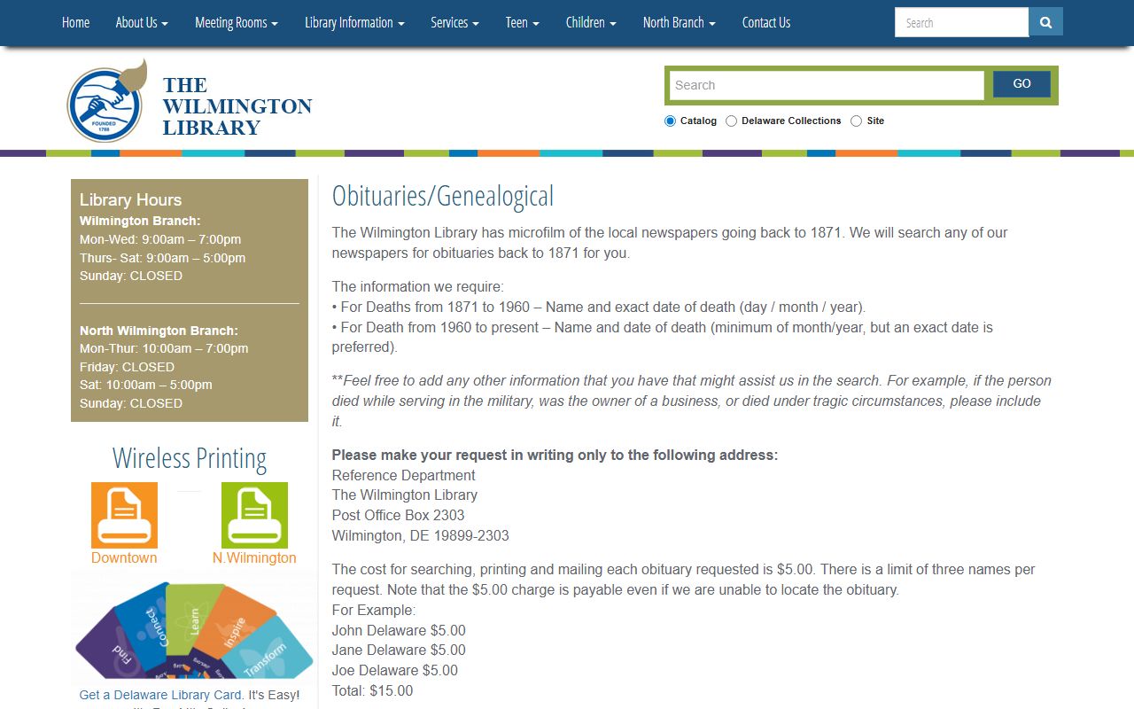 Wilmington genealogy records at Wilmington Public Library