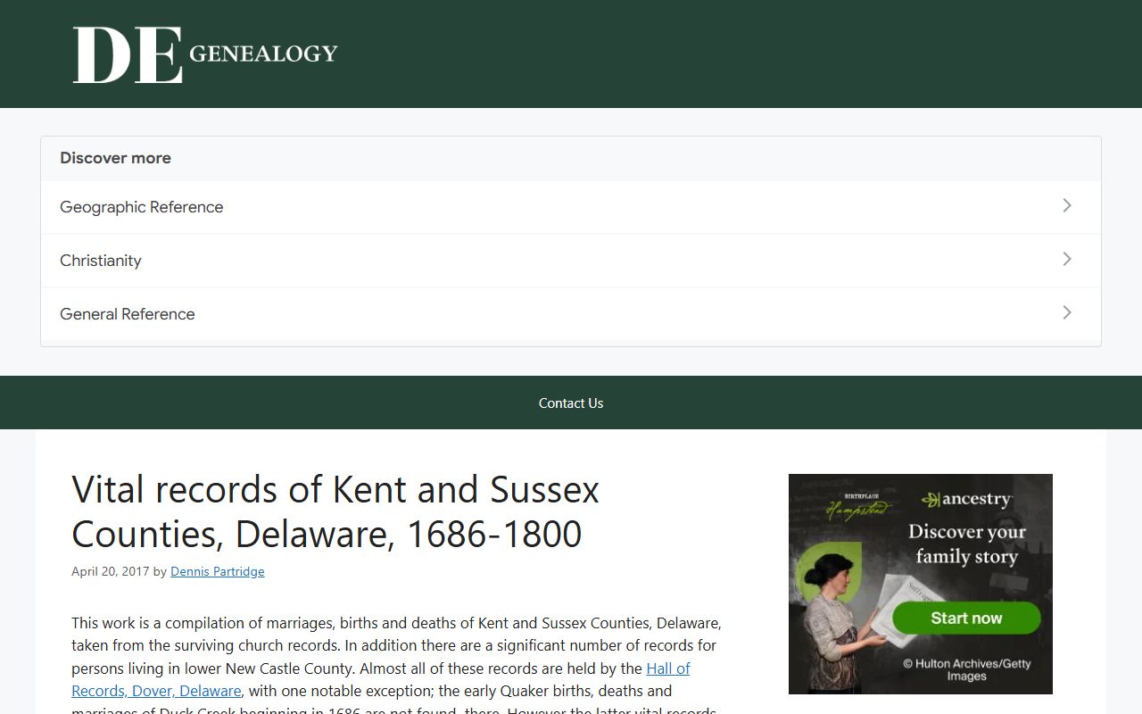 Kent County genealogy vital records of Kent and Sussex Counties Delaware 1686-1800