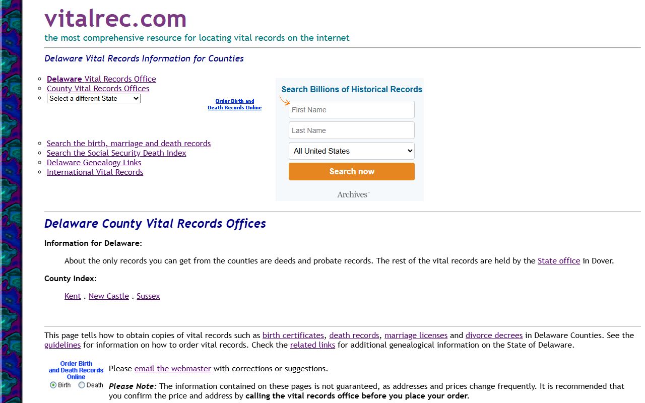 New Castle County genealogy vital records office information