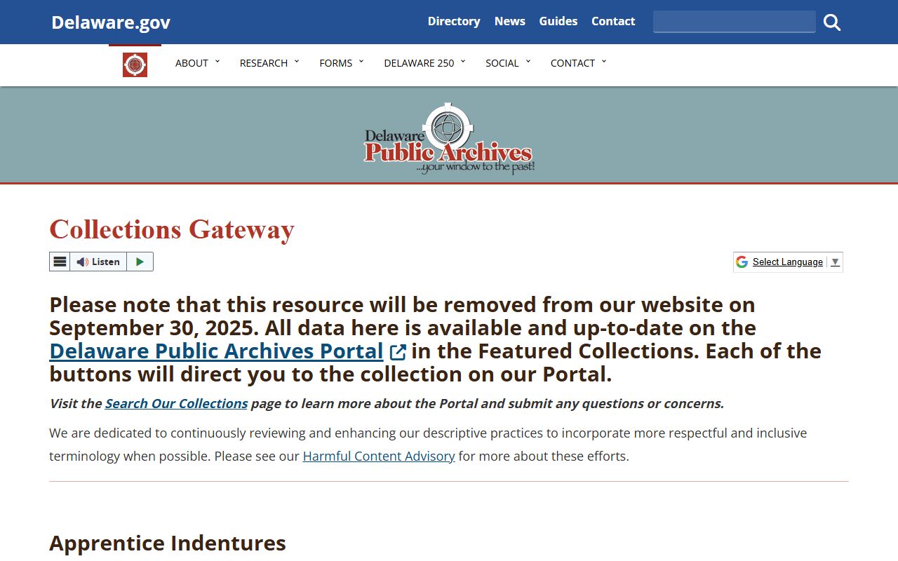Delaware Public Archives Collections Gateway for searching genealogy indexes online