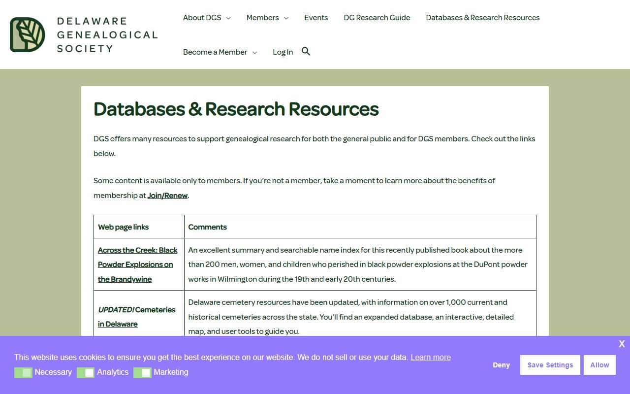 Delaware Genealogical Society reference center with research guides and publications