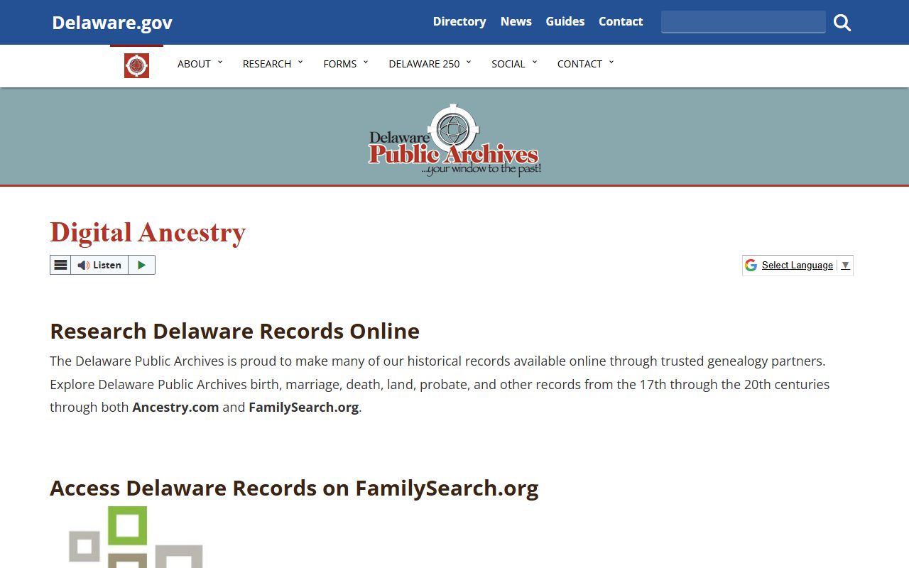 Delaware Public Archives free ancestry access program for Delaware genealogy records