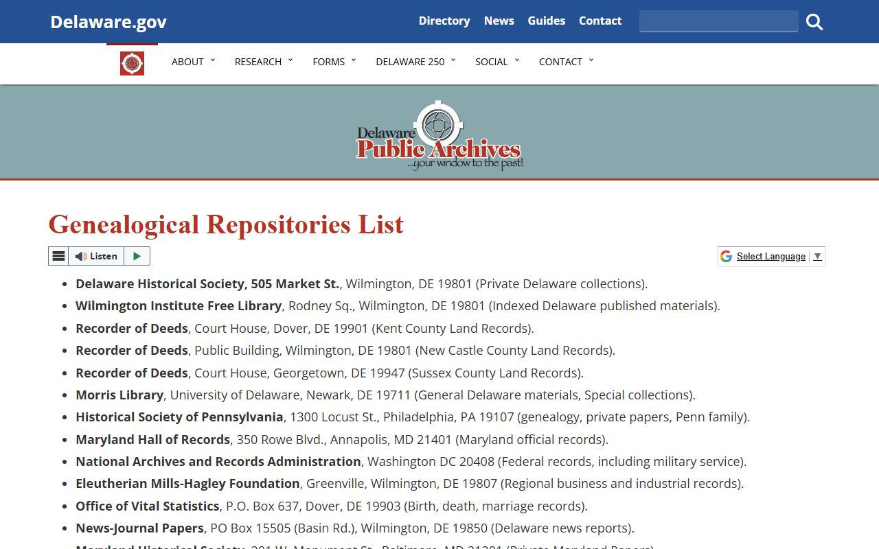 Delaware genealogical repositories list maintained by the Delaware Public Archives