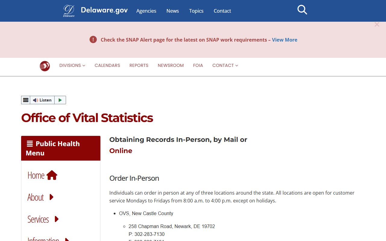 Delaware Office of Vital Statistics where birth death and marriage records are issued