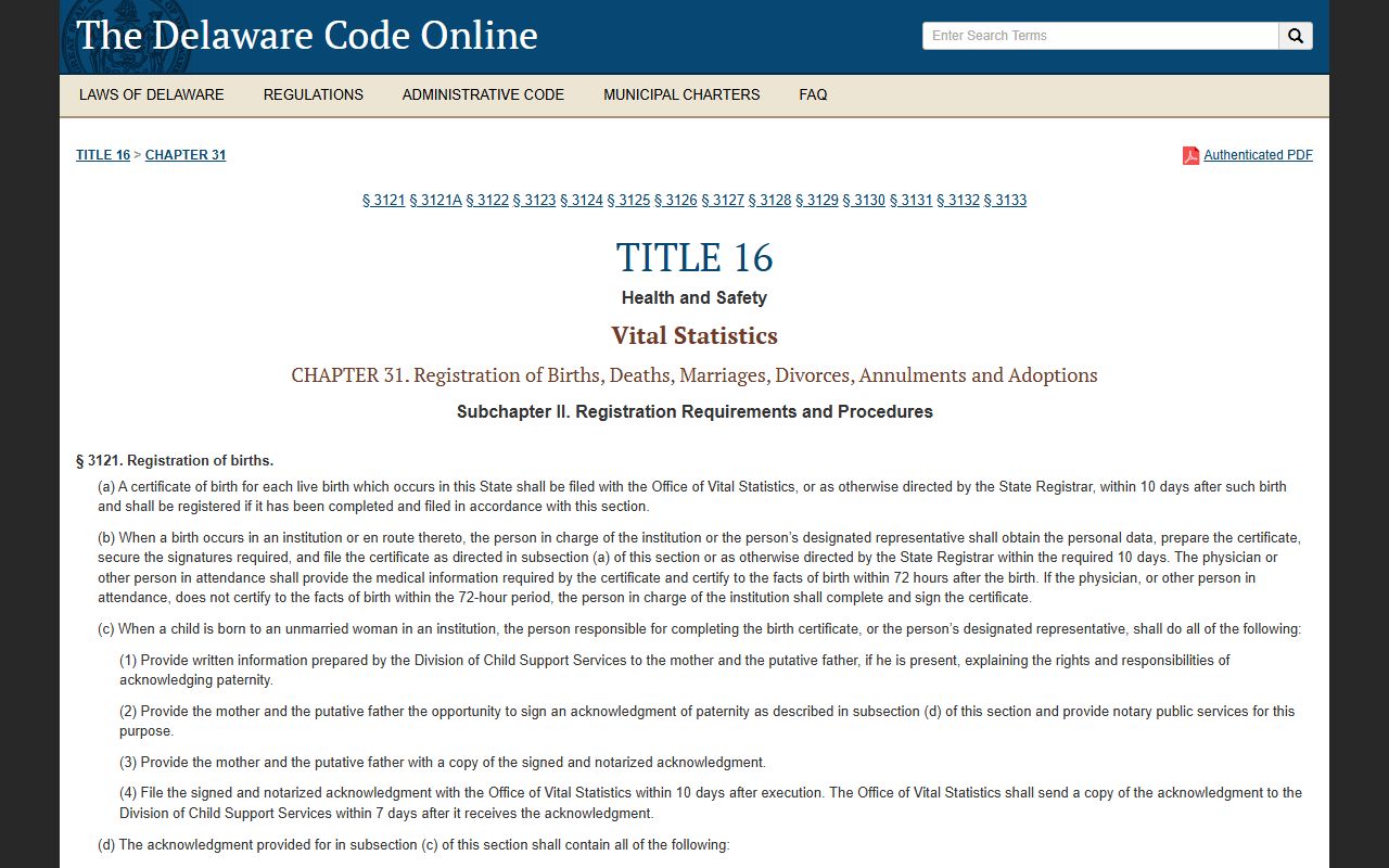 Delaware registration requirements for vital records under Title 16 Chapter 31 Subchapter 2