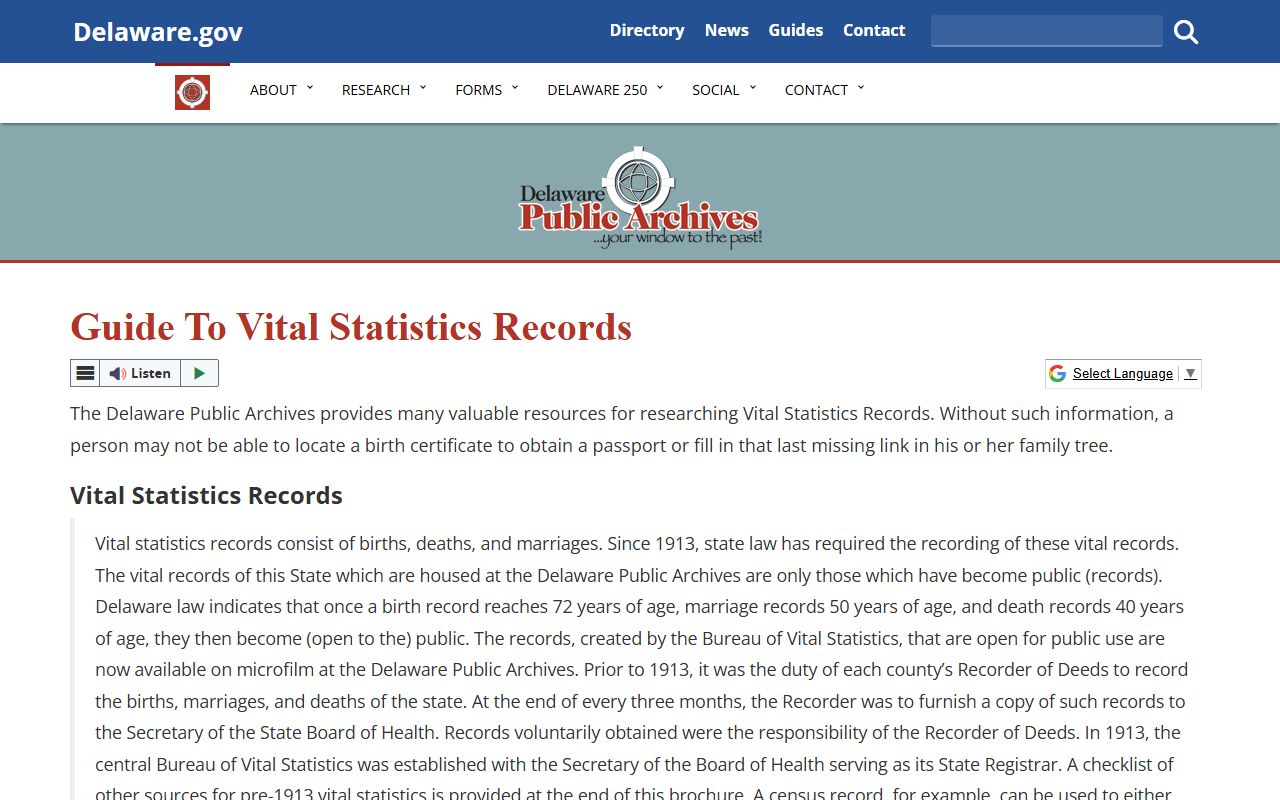 Delaware Public Archives guide to vital statistics records for genealogy research