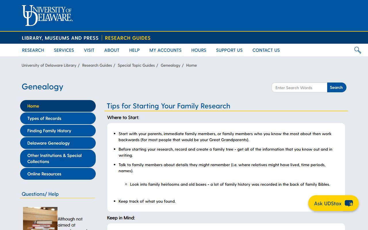 University of Delaware Morris Library genealogy research guide for Delaware family history