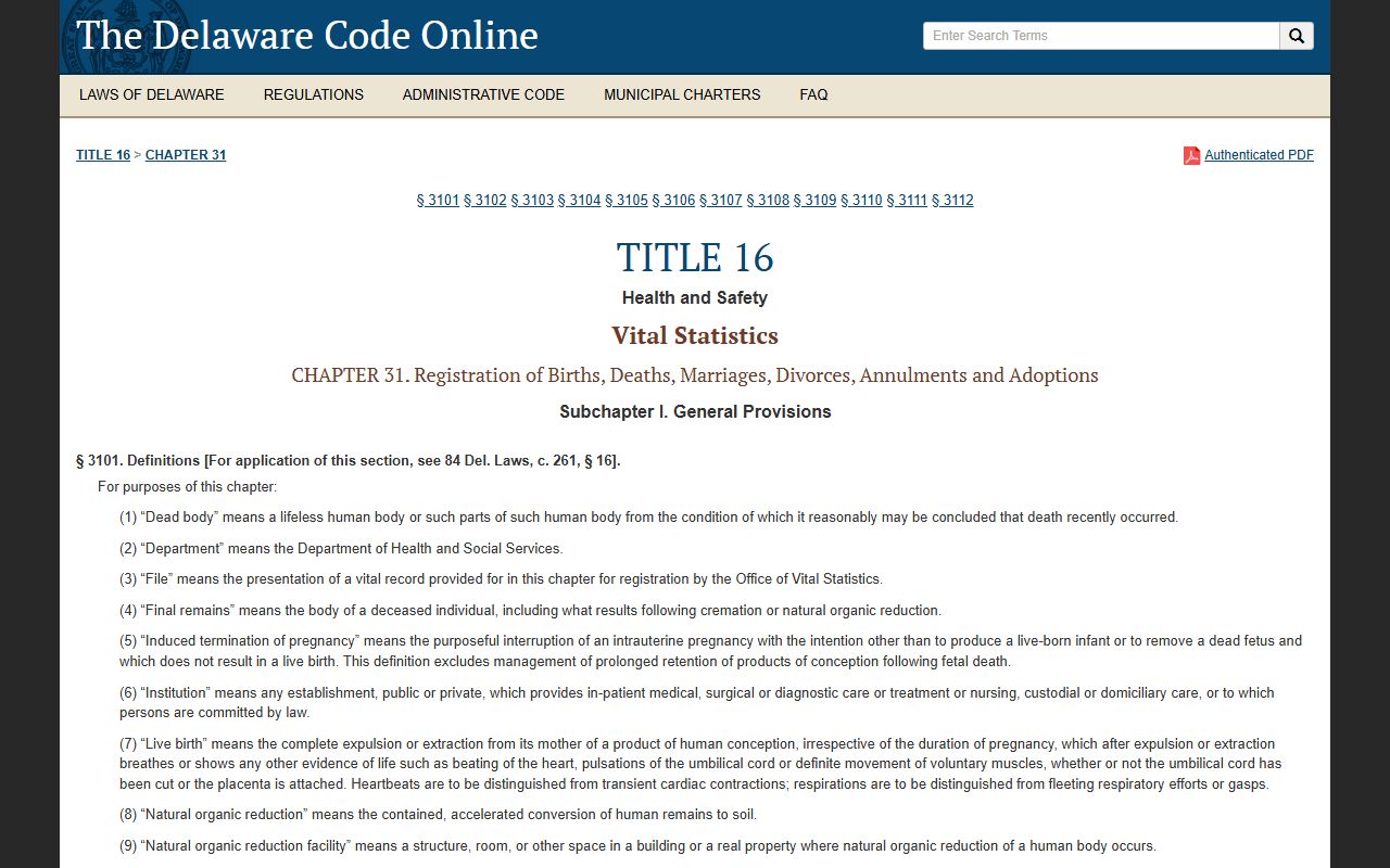 Delaware vital statistics statutes Title 16 Chapter 31 governing genealogy record access